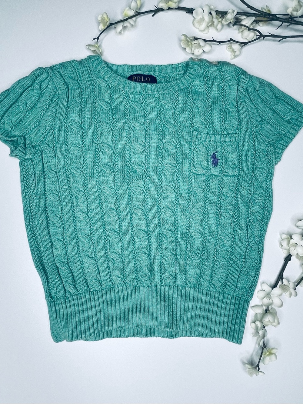 Ralph Lauren Teal Cable Knit Short Sleeve Sweater